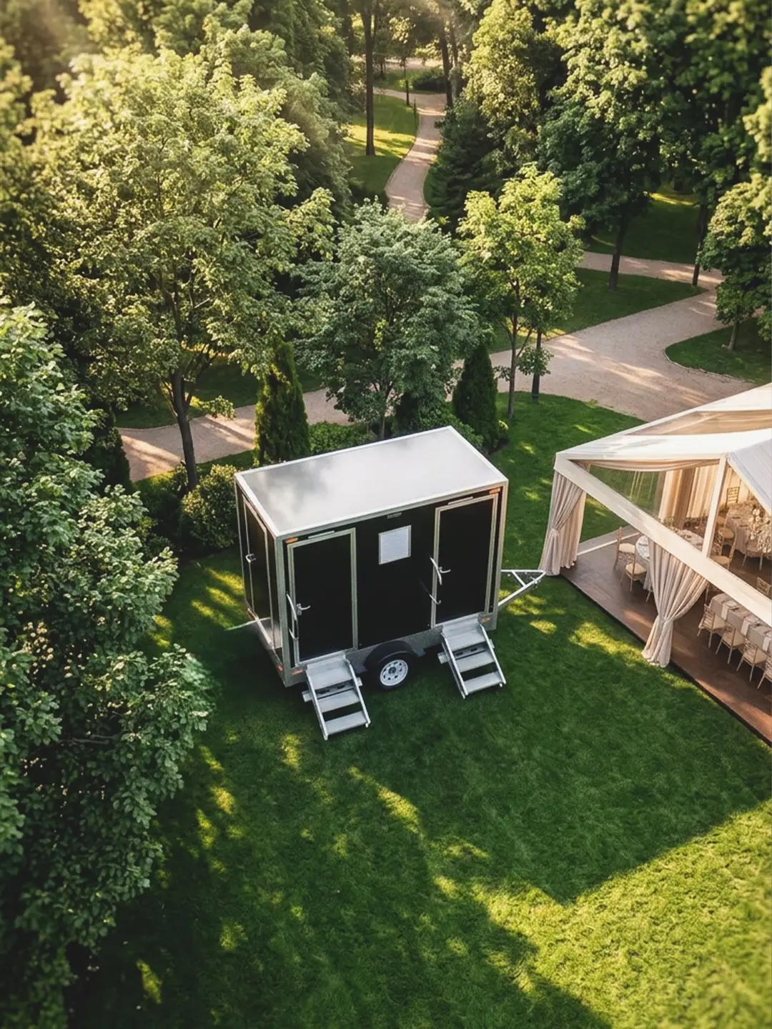 Restroom trailer beside a garden wedding